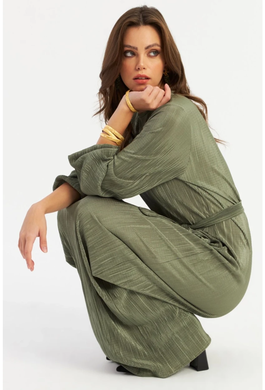 Kadın Çağla Yeşili Pilise Maxi Elbise MGÇ192