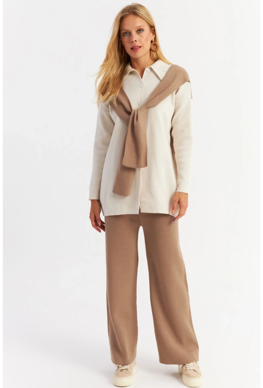 Kadın Camel Atkılı Triko Hırka Alt Üst Takım NUV20