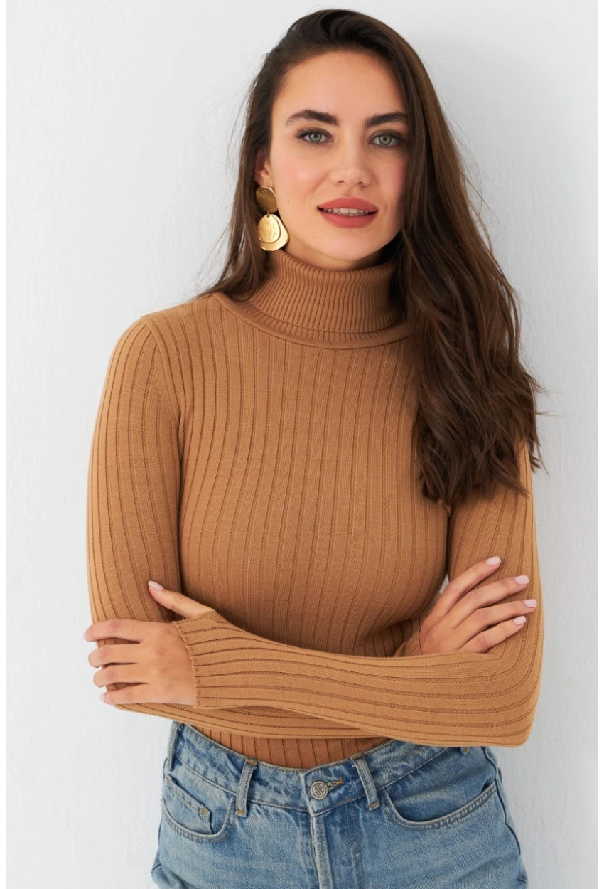 Kadın Camel Balıkçı Yaka Triko Bluz YV102-90