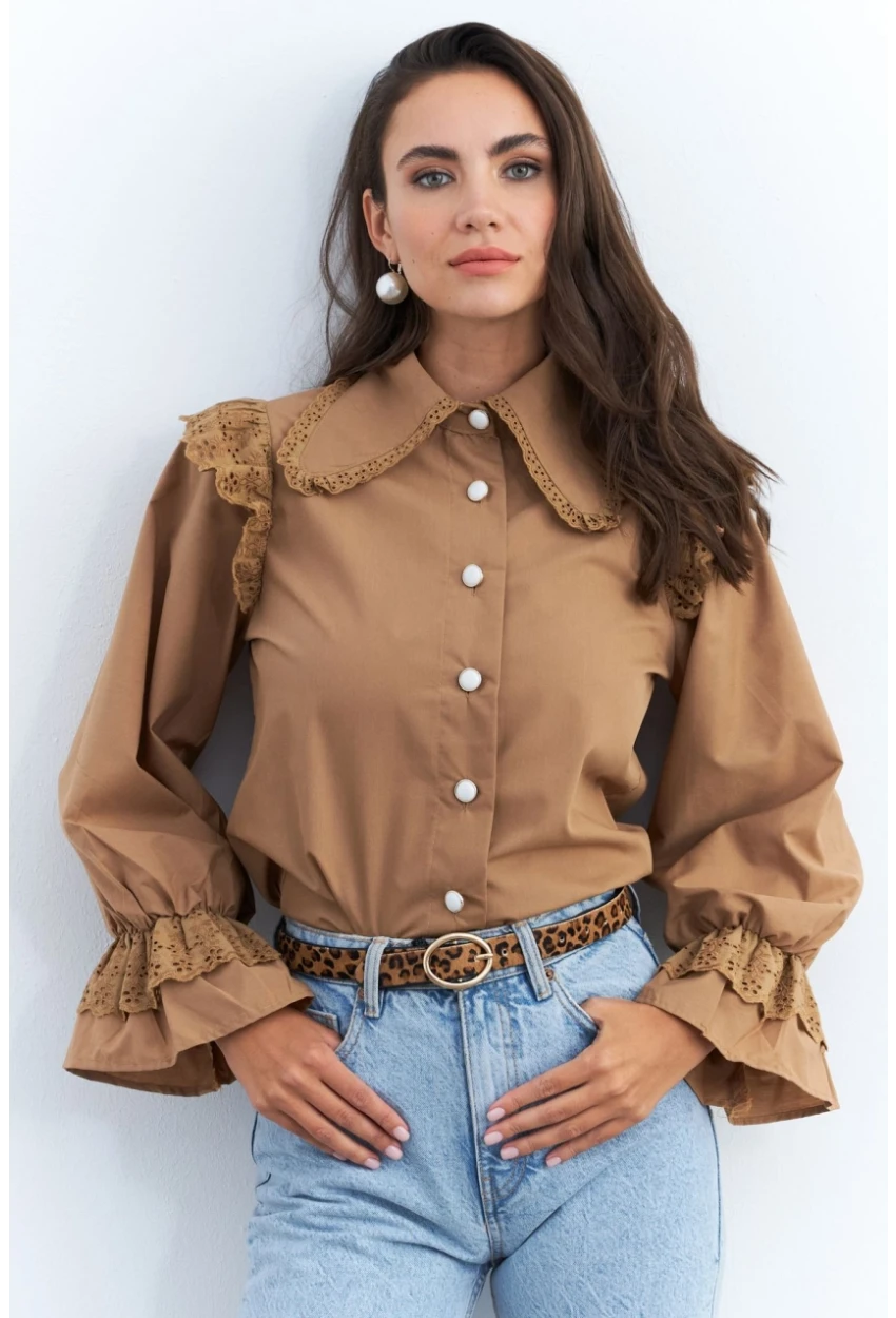 Kadın Camel Bebe Yaka Dantelli Gömlek MQS1839