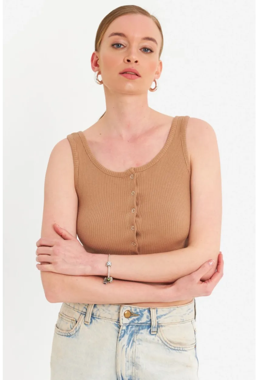 Kadın Camel Çıtçıtlı Crop Bluz YDF103