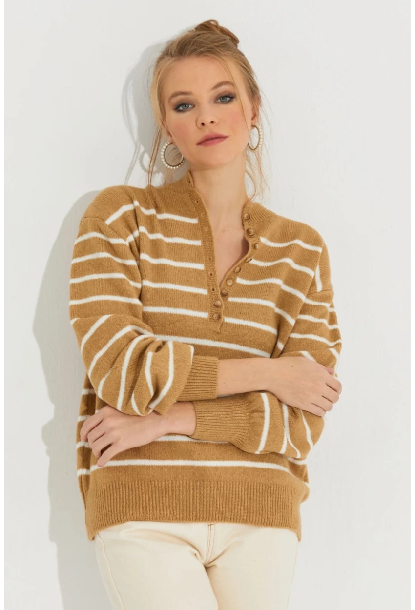 Kadın Camel Çizgili Triko Kazak SMT219