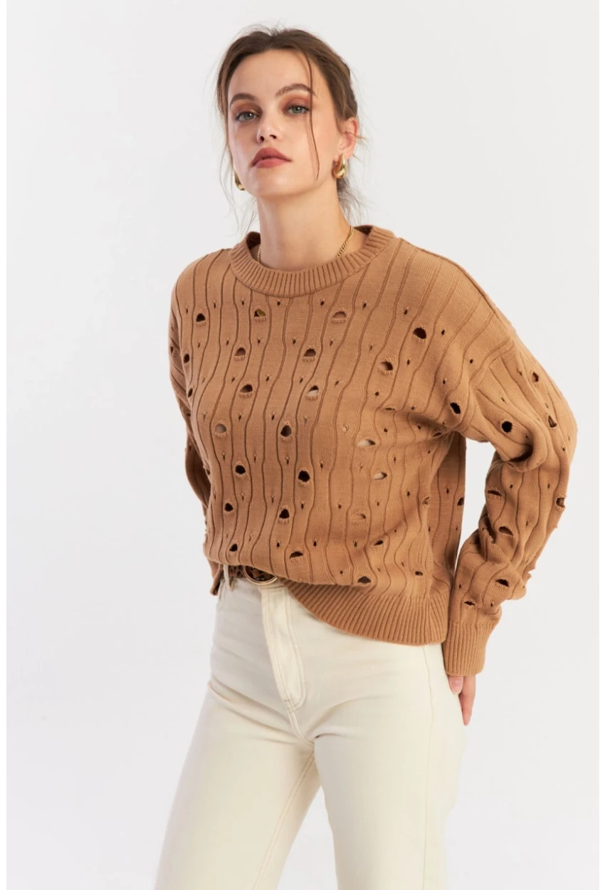 Kadın Camel Çizgili Yırtık Triko Kazak PP2342