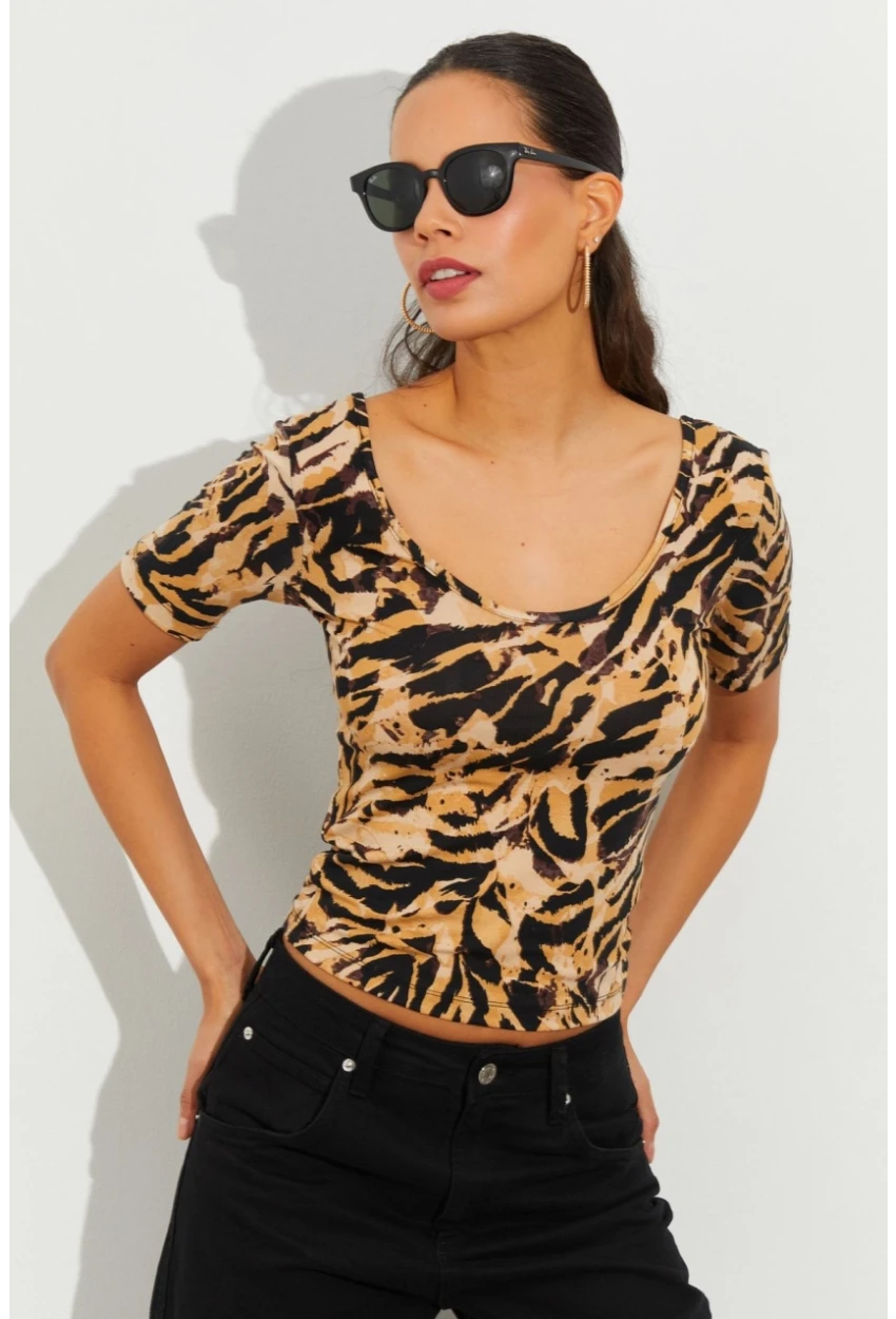 Kadın Camel Desenli Bluz LPP1224