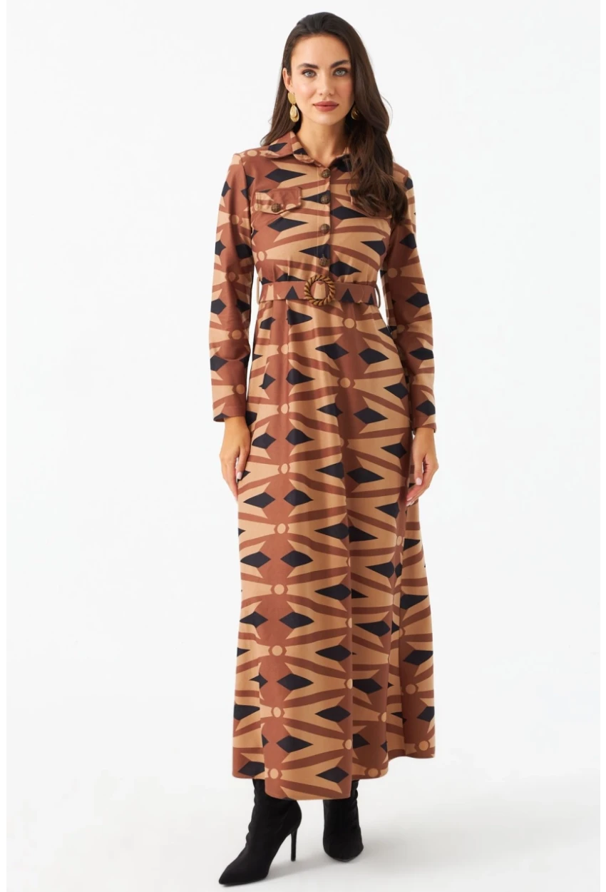 Kadın Camel Düğme Detaylı Kemerli Maxi Elbise MHAD101