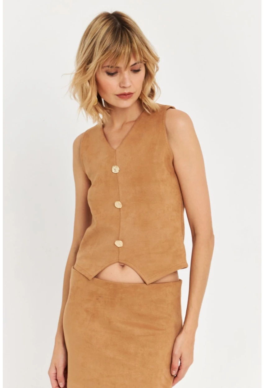 Kadın Camel Düğme Detaylı Süet Bluz KED7113