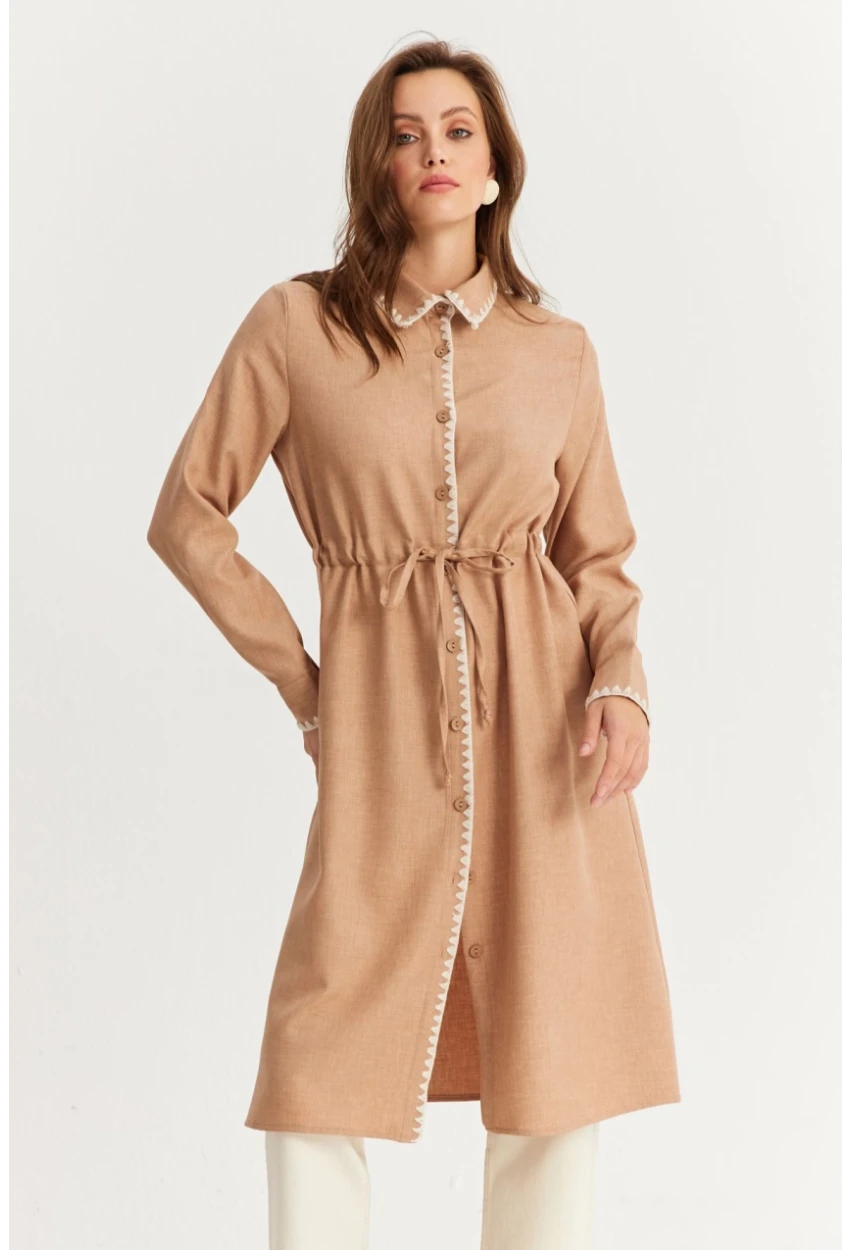 Kadın Camel Garnili Gömlek Midi Elbise MASF10