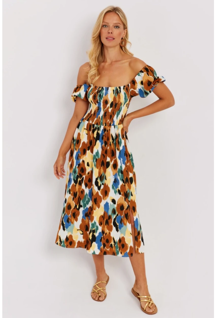 Kadın Camel Gipeli Desenli Midi Elbise MON126