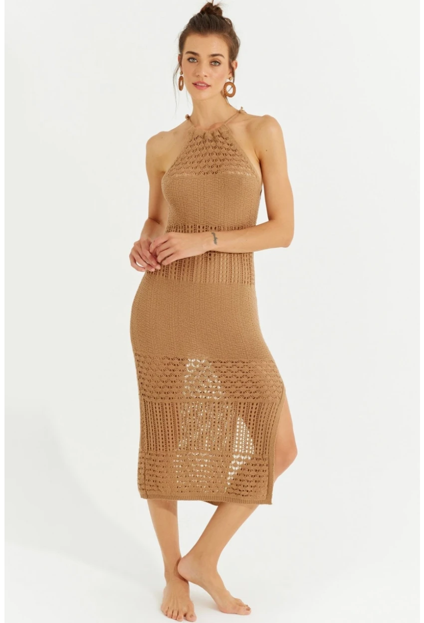 Kadın Camel Halter Yaka Ajurlu Midi Elbise SF2506