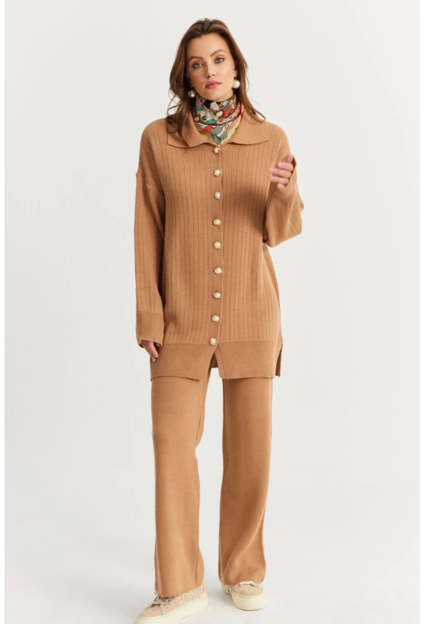 Kadın Camel İnci Düğmeli Hırka Triko Alt Üst Takım NUV26