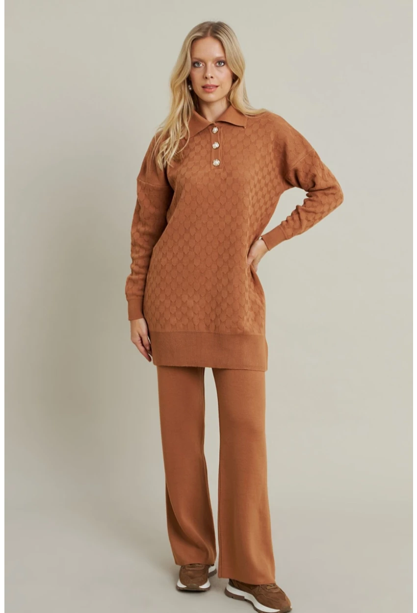 Kadın Camel İnci Düğmeli Triko Alt Üst Takım MNUV33