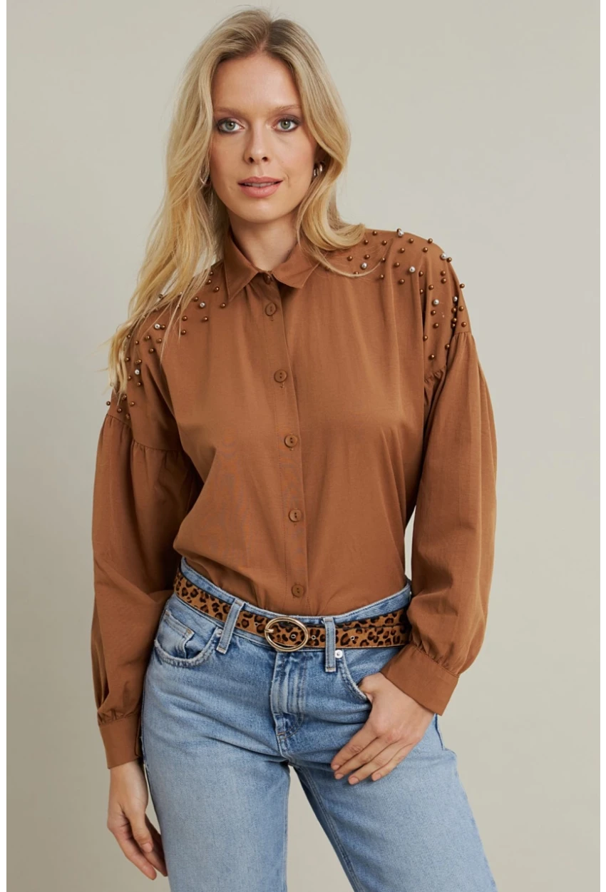 Kadın Camel İncili Balon Kol Gömlek MASF16