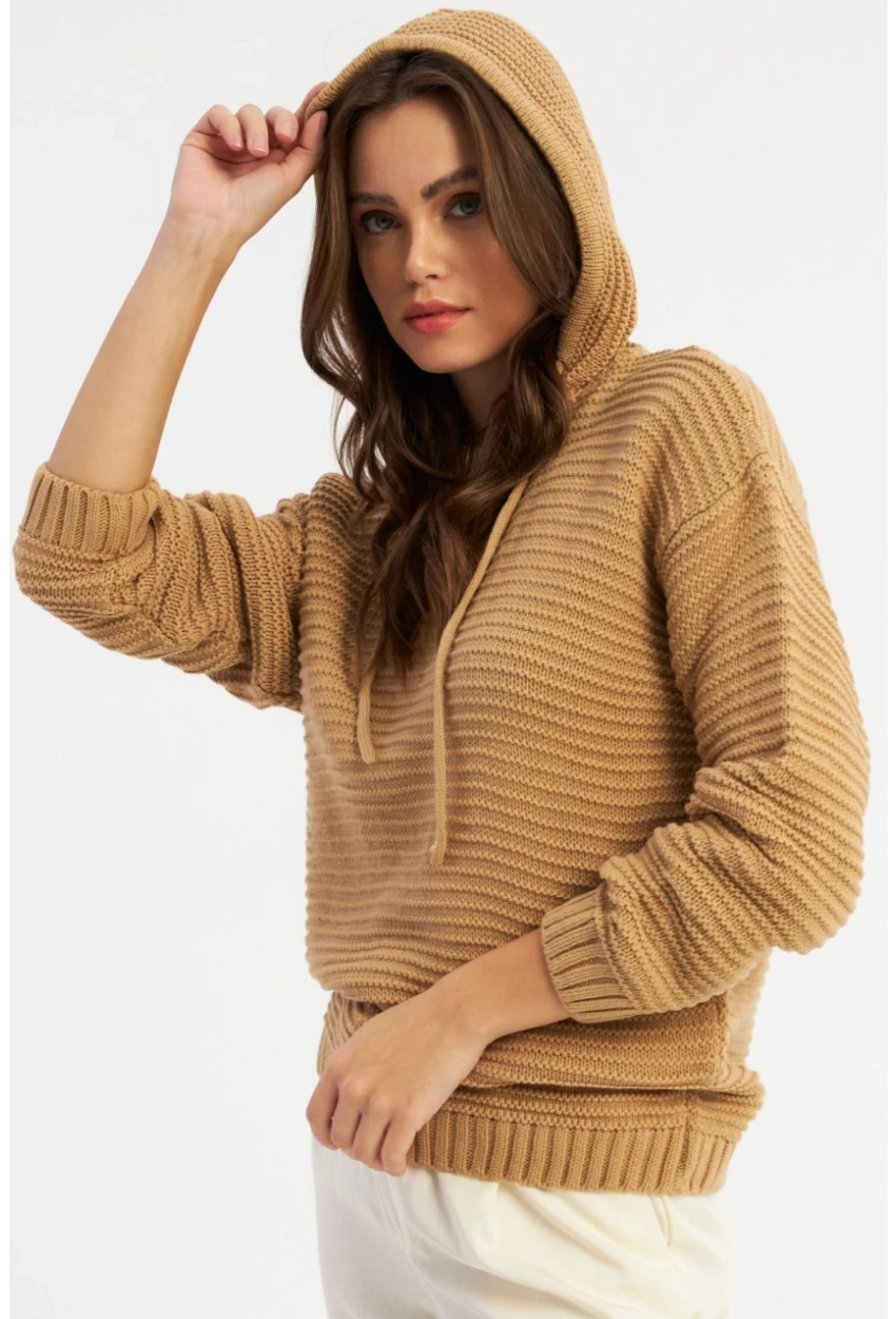 Kadın Camel Kapüşonlu Triko Bluz SMT2419