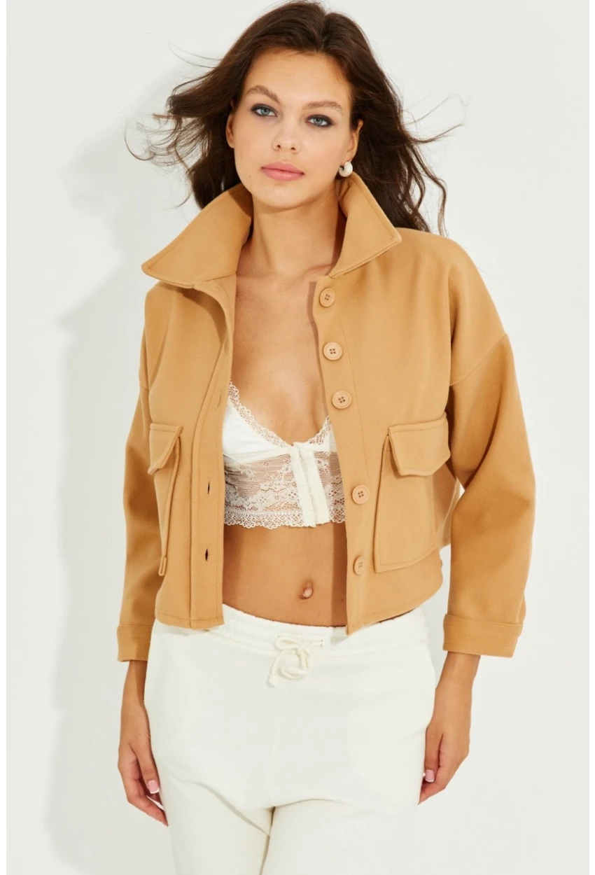 Kadın Camel Kaşe Cepli Kısa Ceket PP2444