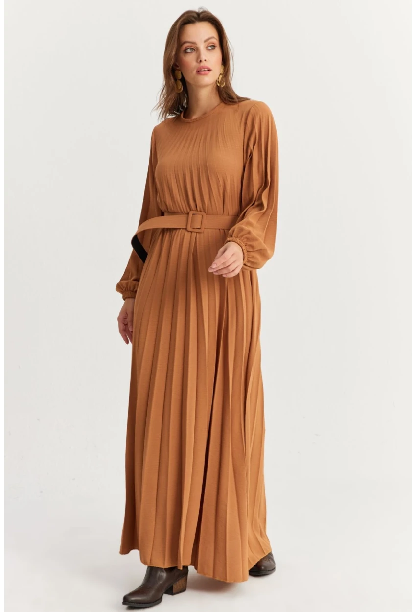 Kadın Camel Kemerli Plili Maxi Elbise ALZ500