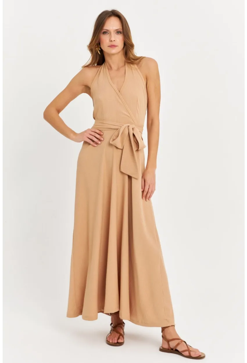 Kadın Camel Kruvaze Bürümcük Maxi Elbise EY3053