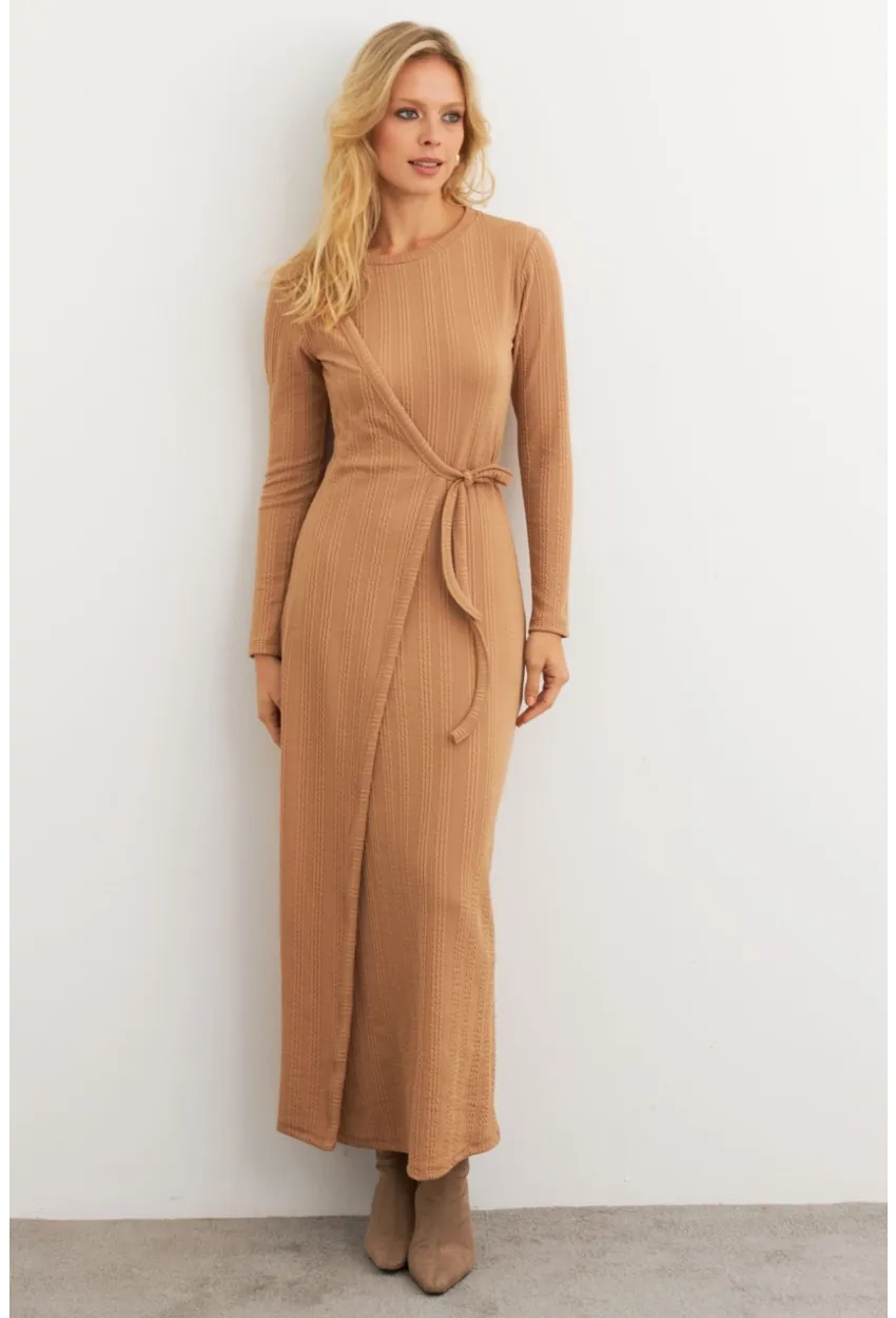 Kadın Camel Kruvaze Maxi Elbise MTF31