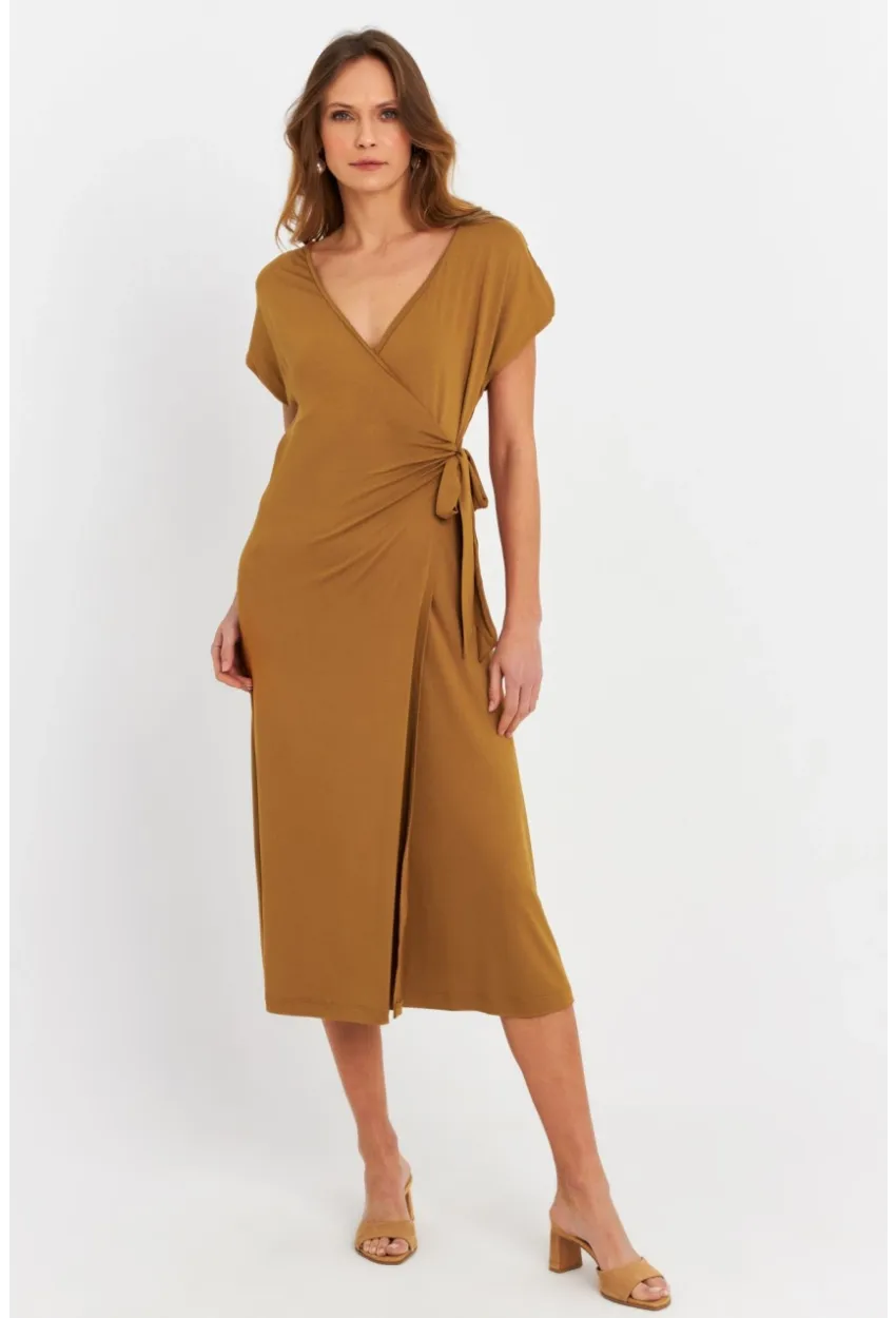 Kadın Camel Kruvaze Midi Elbise EY3044