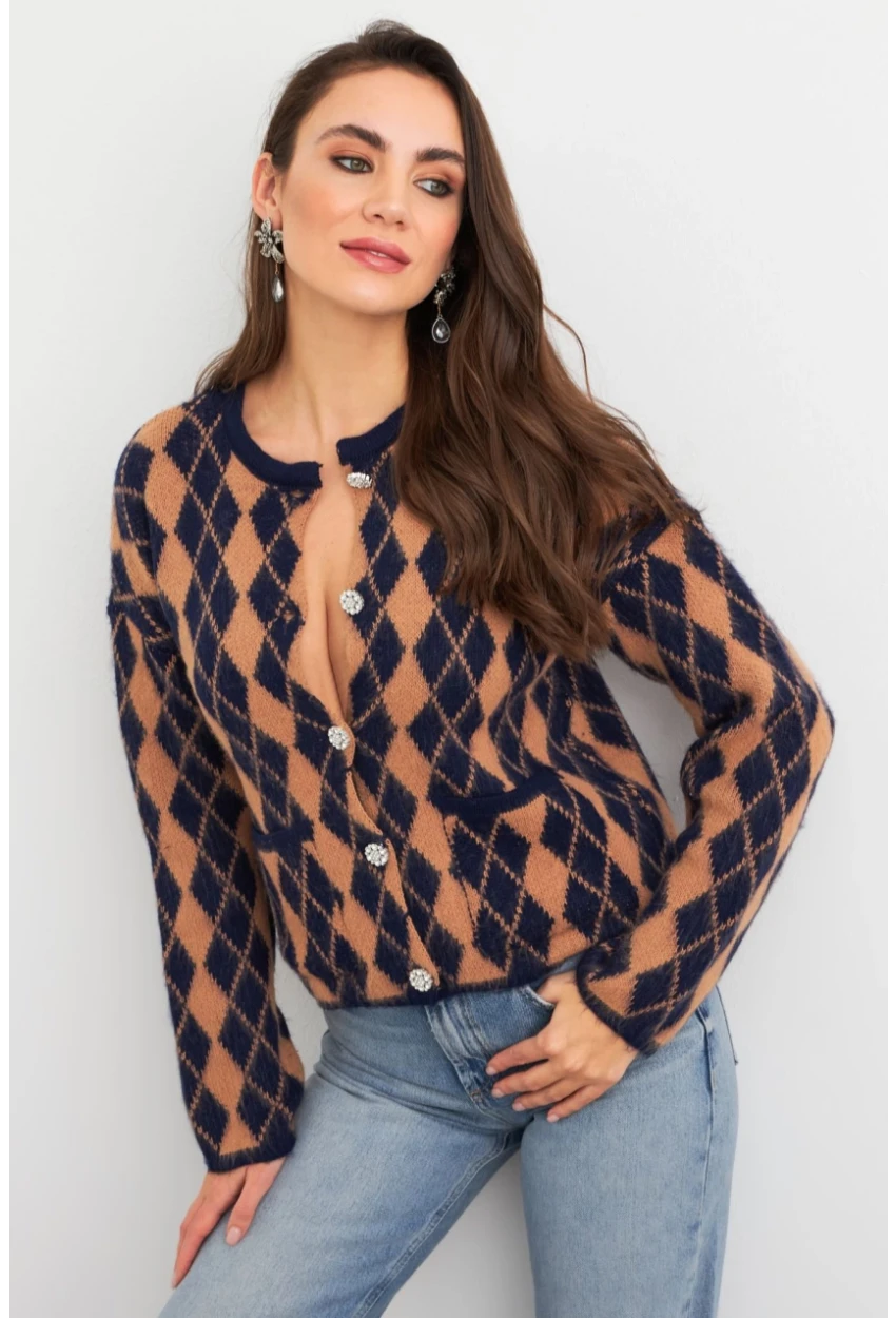 Kadın Camel-Lacivert Düğme Detaylı Hırka ELT12022