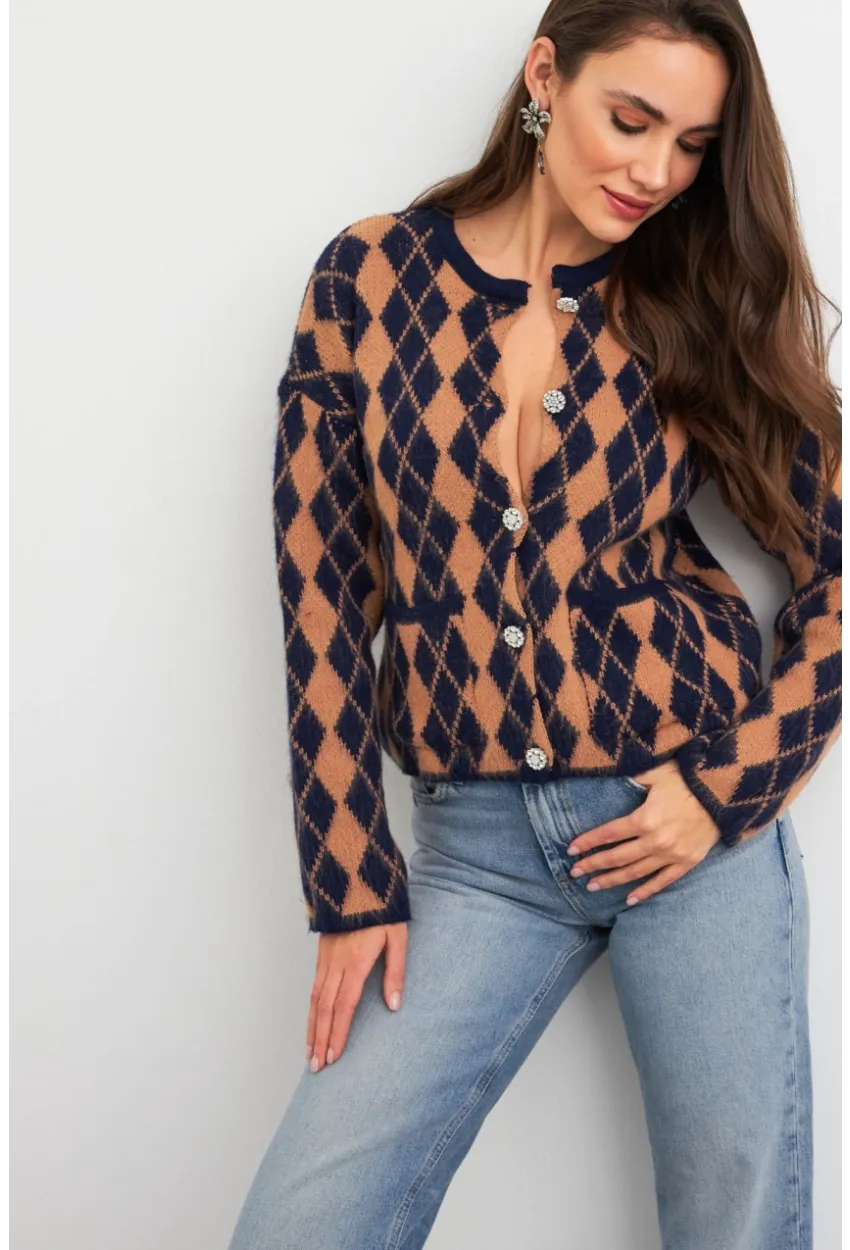 Kadın Camel-Lacivert Düğme Detaylı Hırka ELT12022