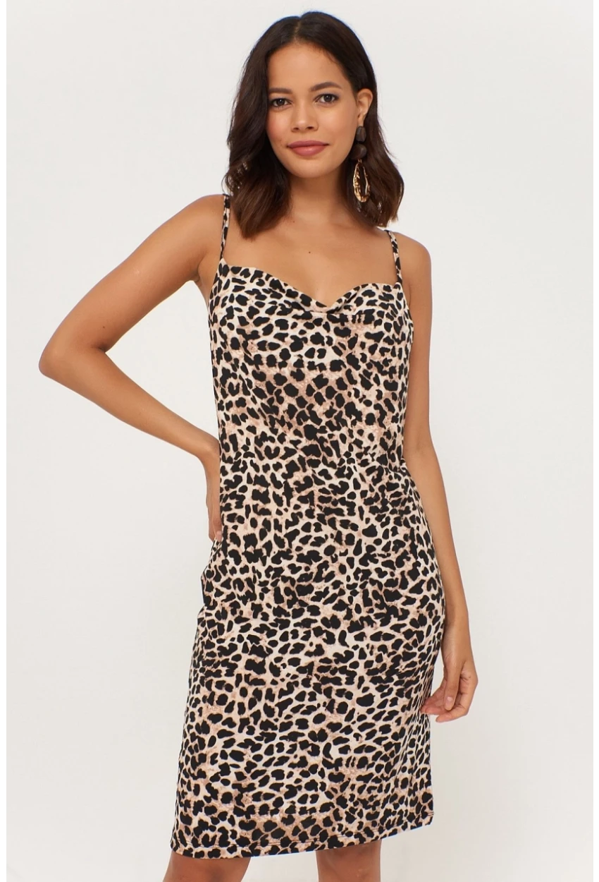 Kadın Camel Leopar Desenli Degaje Yaka Elbise LPP1130