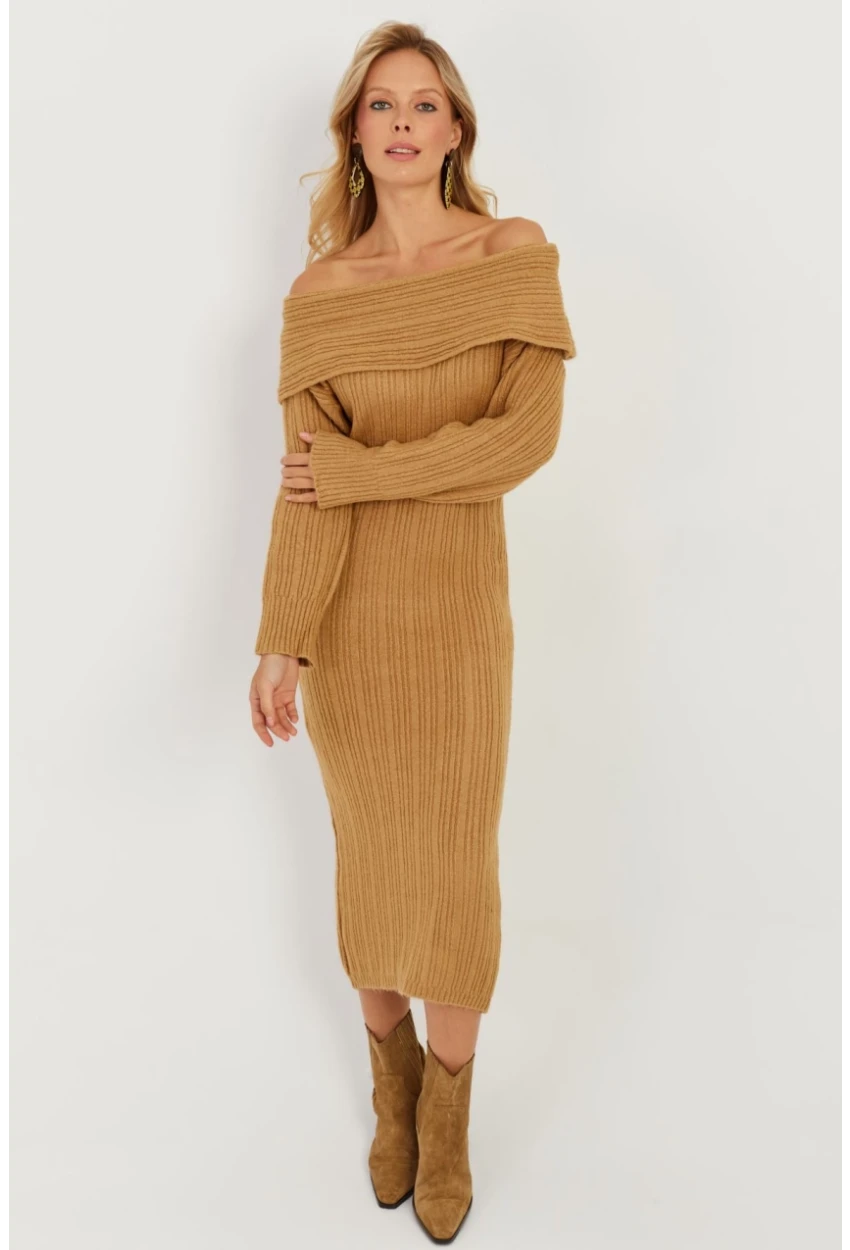 Kadın Camel Madonna Yaka Triko Midi Elbise KZ2503