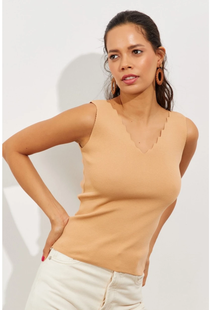 Kadın Camel Merdiven Yaka Triko Bluz YV83