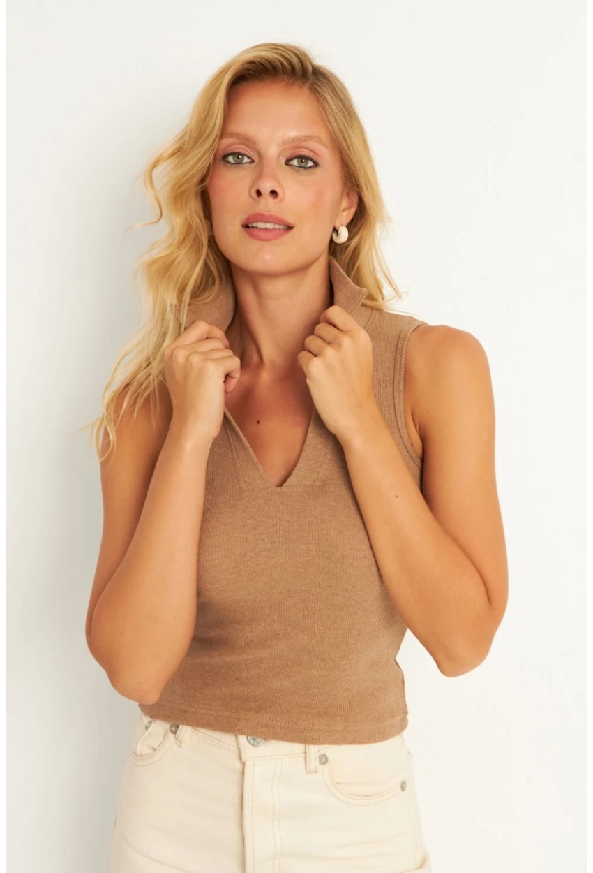 Kadın Camel Polo Yaka Kaşkorse Bluz MK10