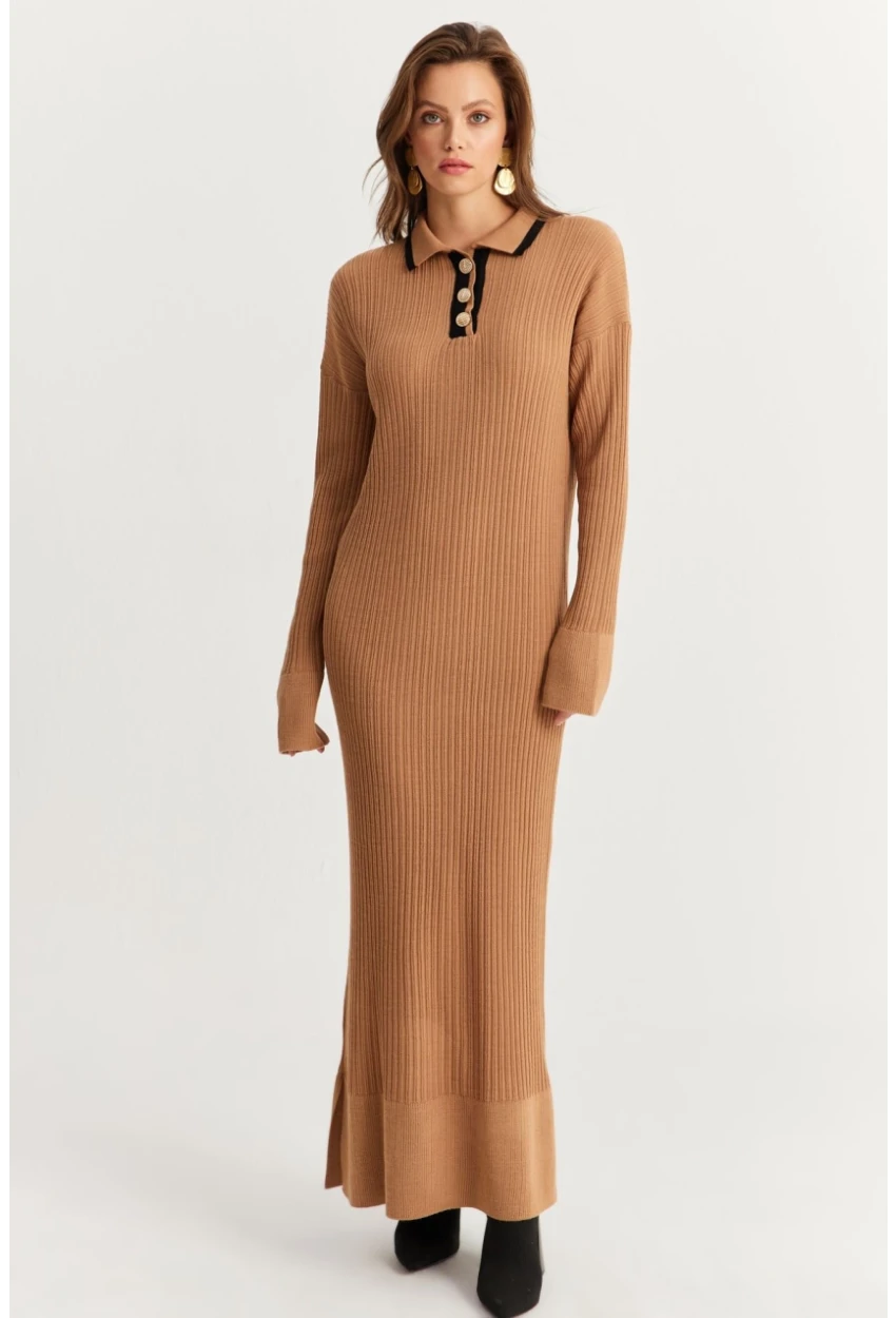 Kadın Camel Polo Yaka Triko Maxi Elbise MNUV17
