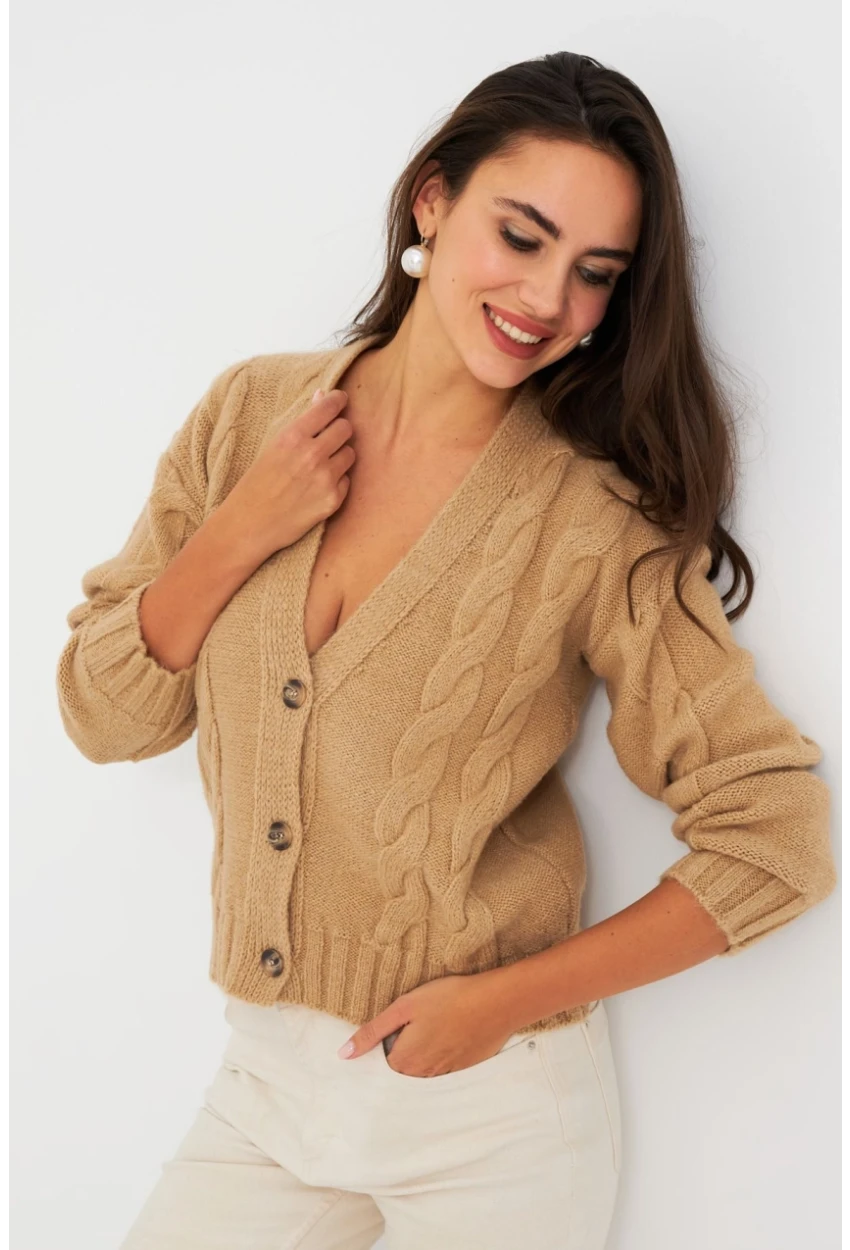 Kadın Camel Saç Örgülü Hırka YV295