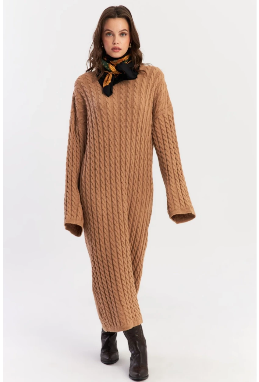Kadın Camel Saç Örgülü Triko Midi Elbise KZ541