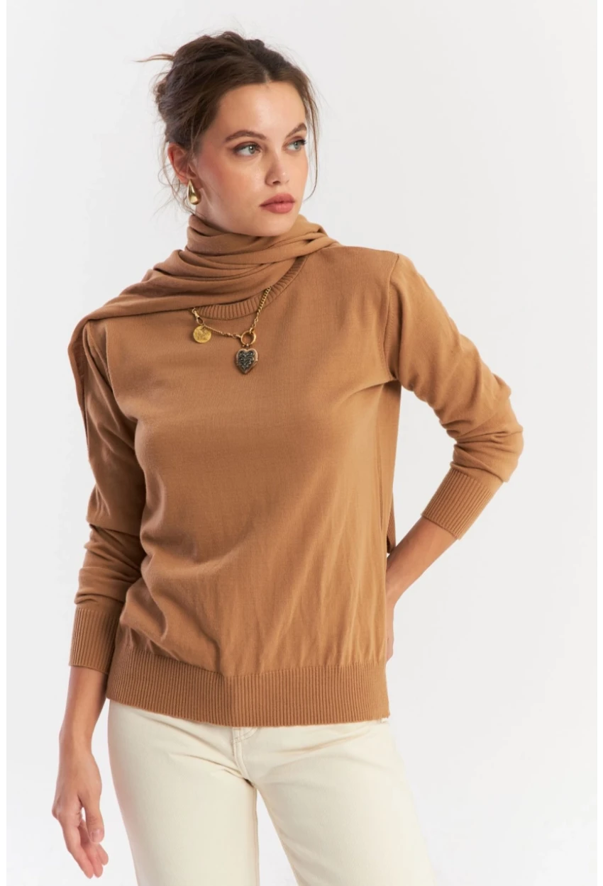 Kadın Camel Şal Aksesuarlı Triko Bluz YV286