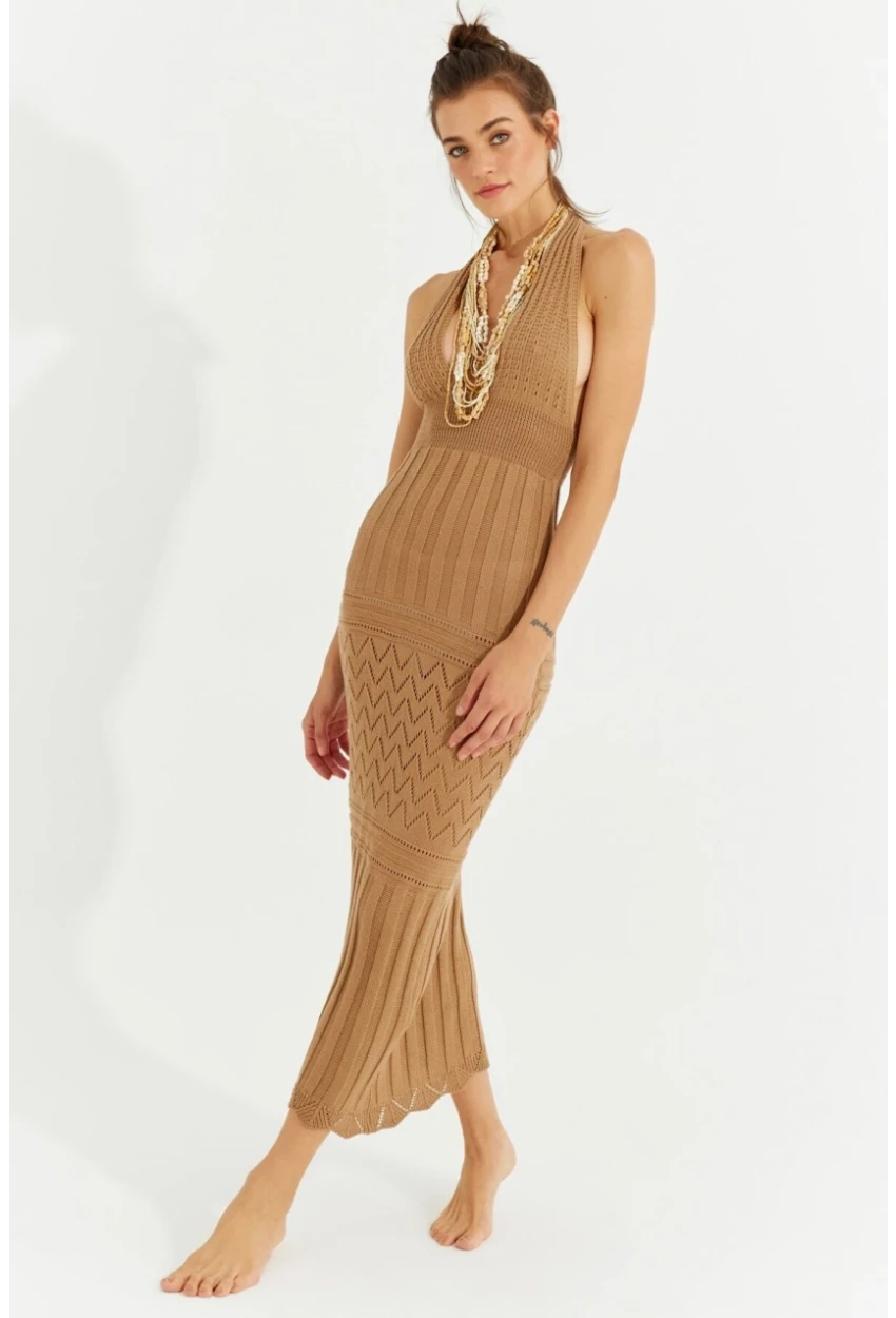 Kadın Camel Sırtı Açık Triko Maxi Elbise SF2505