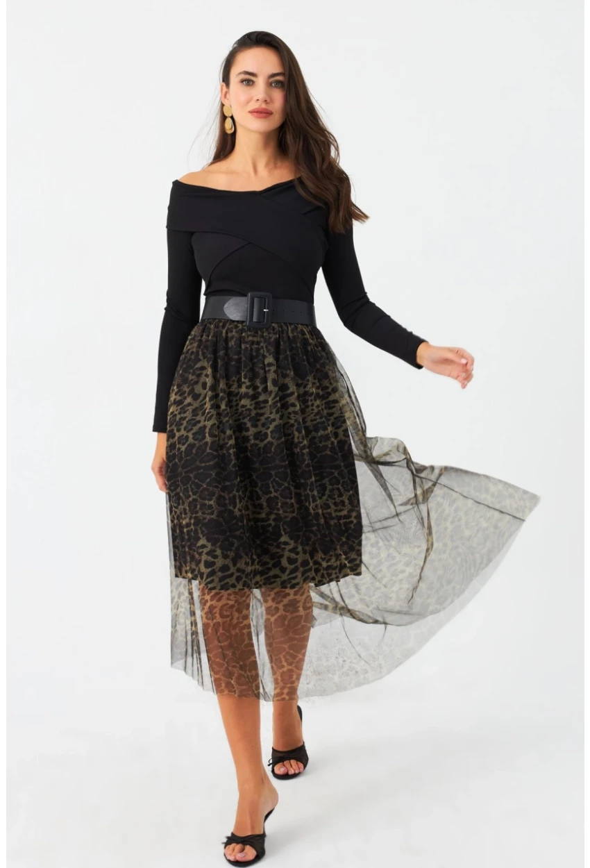 Kadın Camel-Siyah Astarlı Tül Leopar Etek SF2553