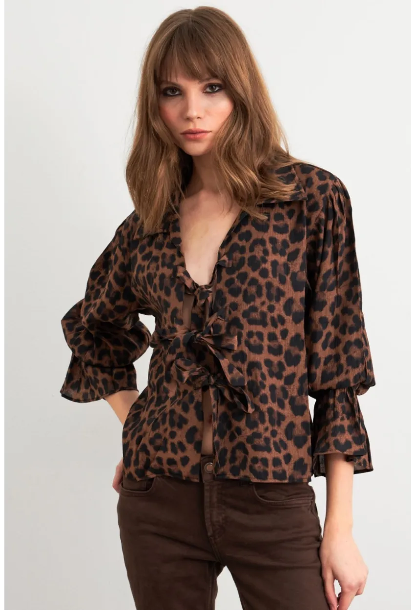Kadın Camel-Siyah Bağlama Detaylı Leopar Gömlek FS9340