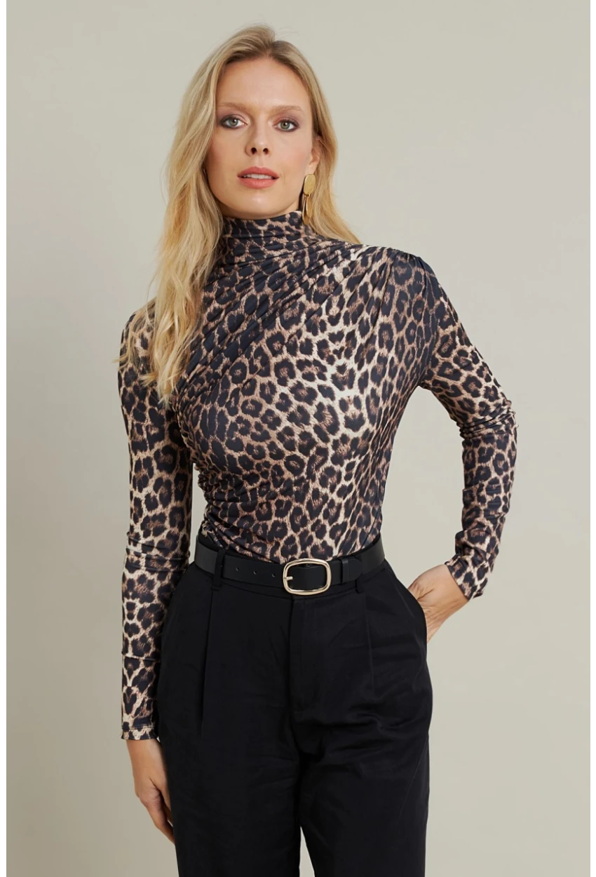 Kadın Camel-Siyah Büzgülü Desenli Bluz MDMR358-1