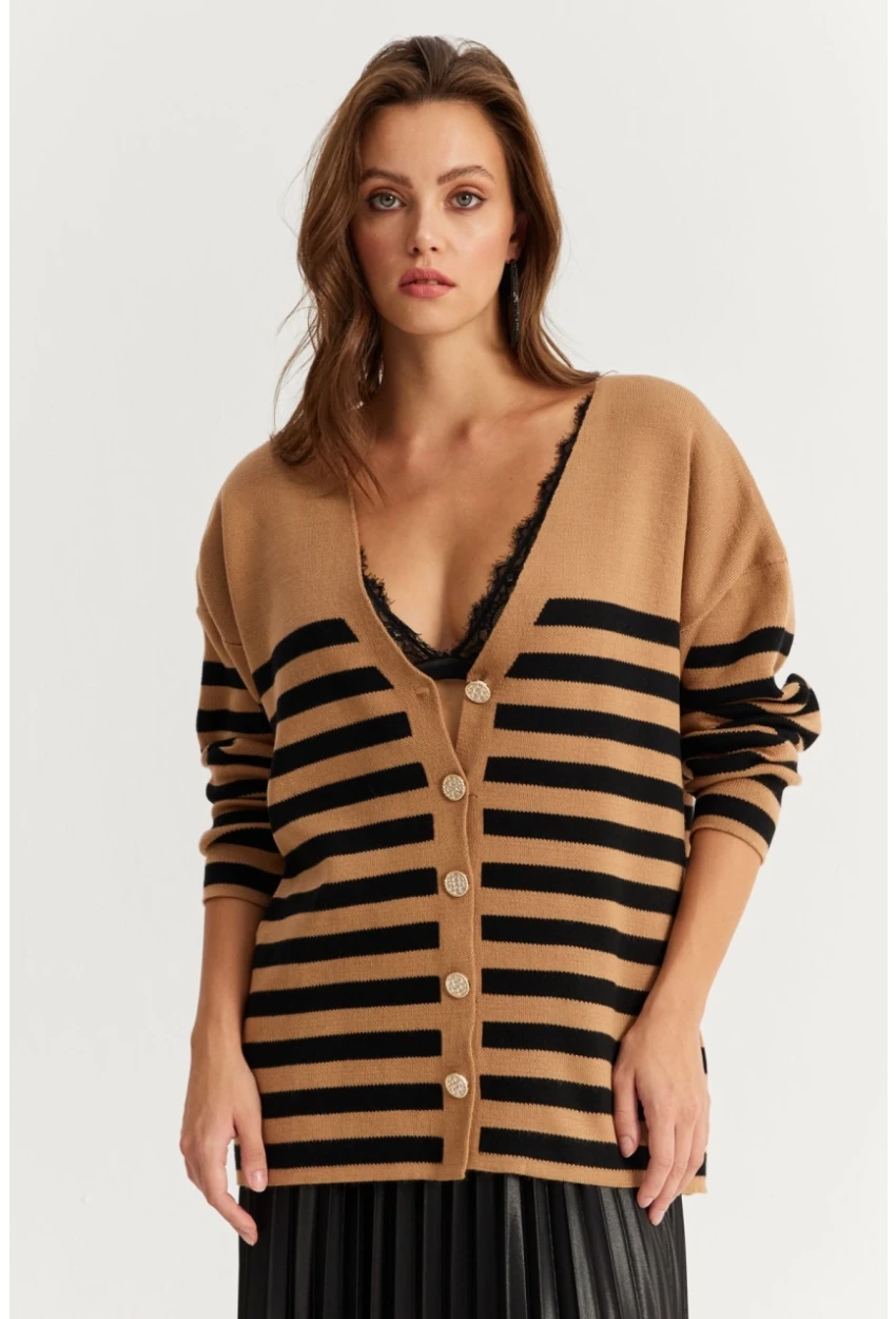Kadın Camel-Siyah Çizgili Triko Hırka CNG3