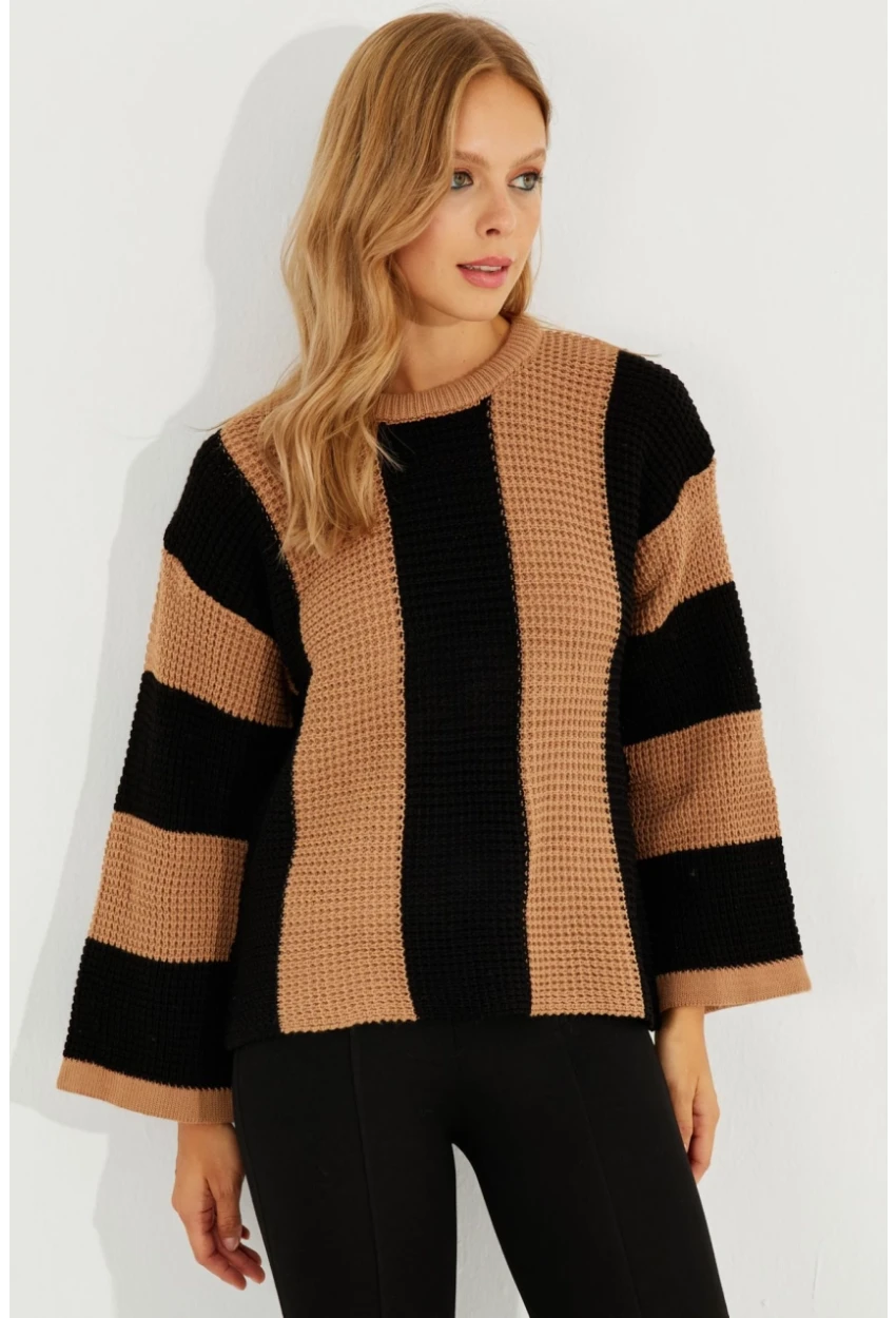 Kadın Camel-Siyah Çizgili Triko Kazak SF2507