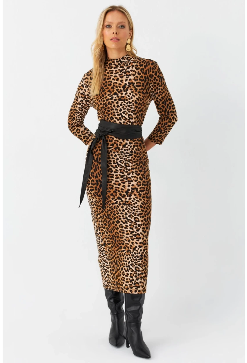 Kadın Camel-Siyah Desenli Midi Elbise MLPP400