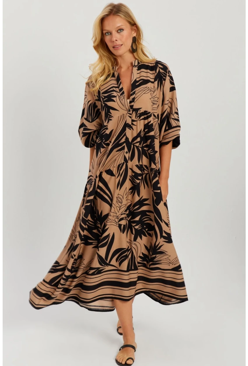 Kadın Camel-Siyah Desenli Salaş Maxi Elbise GÇ166