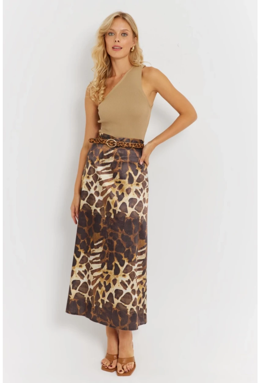 Kadın Camel-Siyah Desenli Saten Etek KED170