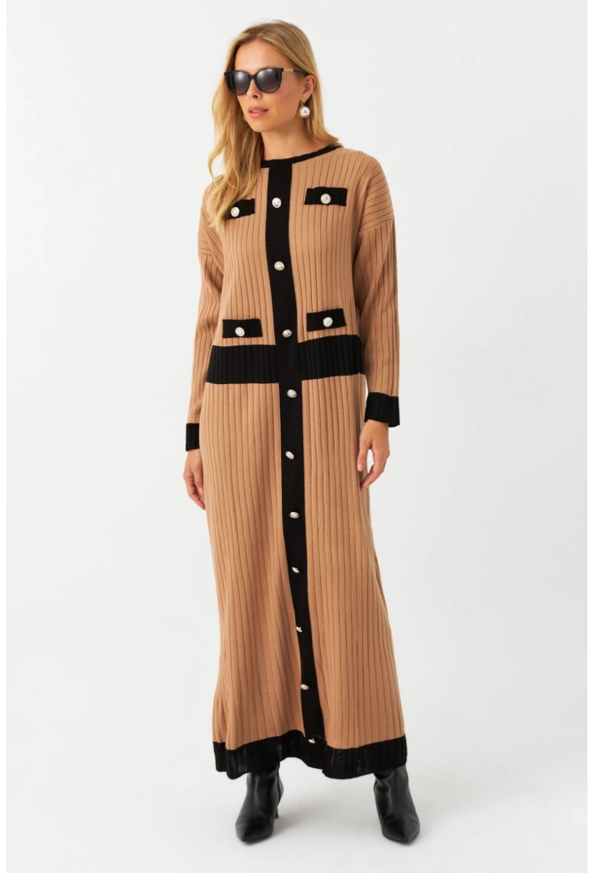 Kadın Camel-Siyah Düğme Detaylı Maxi Elbise MTC3201