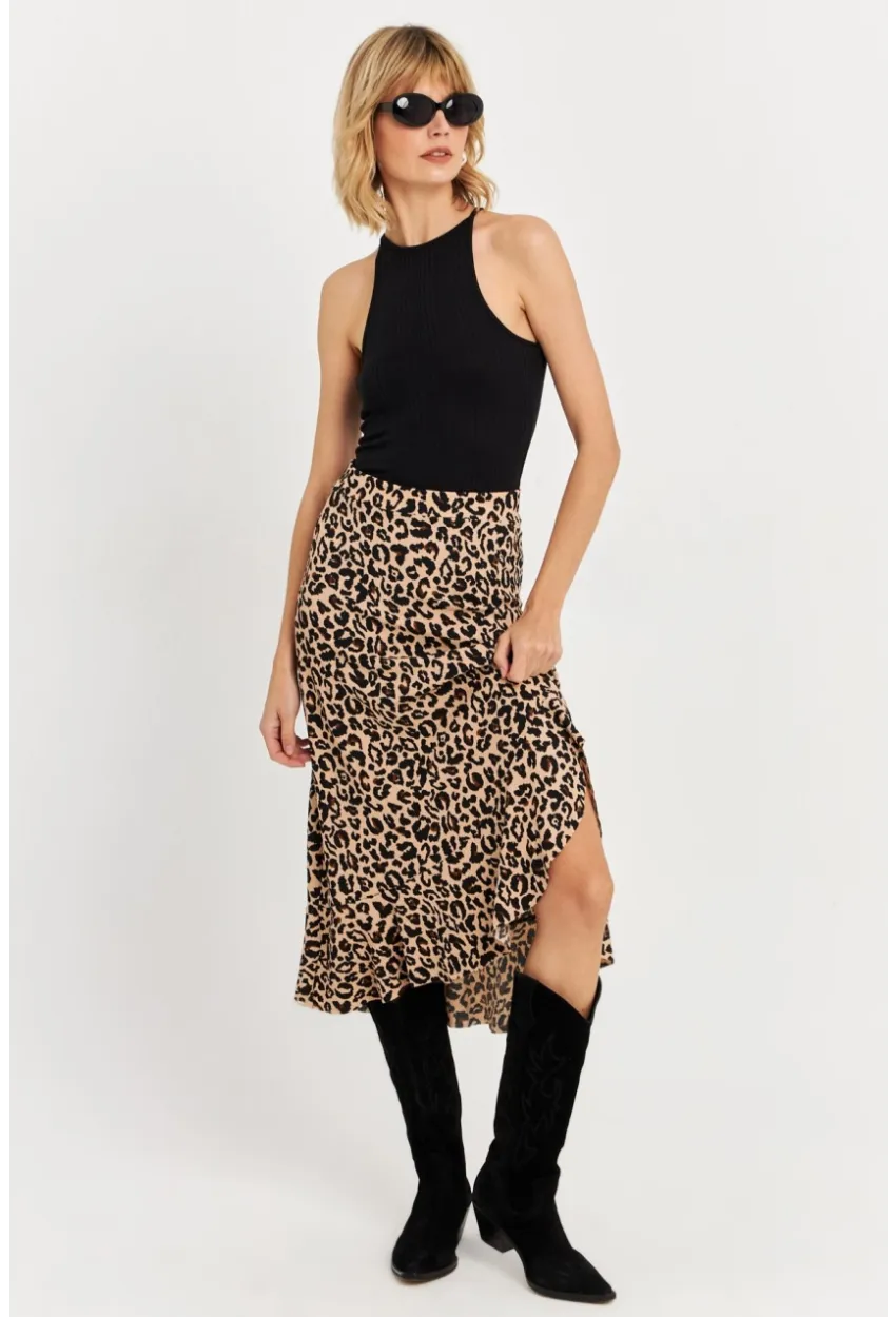 Kadın Camel-Siyah Fırfırlı Asimetrik Leopar Midi Etek LON3011