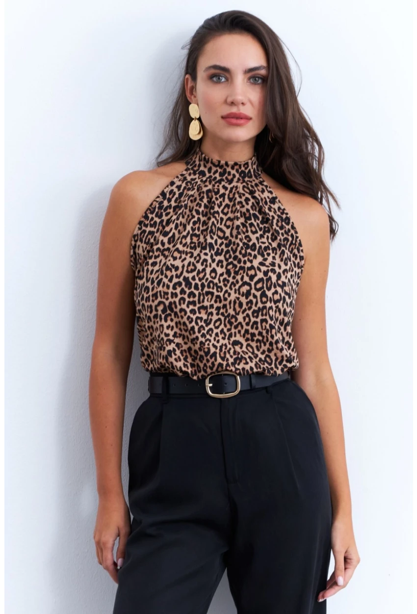 Kadın Camel-Siyah Halter Yaka LeoparDesenli Bluz LPP1273