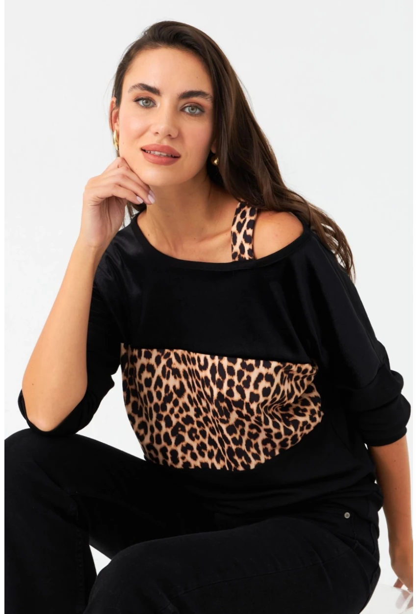 Kadın Camel-Siyah Kadife Bloklu Leopar Desenli Sweatshirt ST097