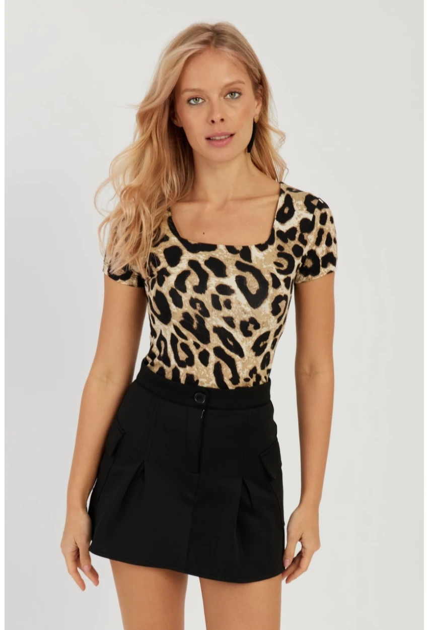 Kadın Camel-Siyah Kare Yaka Leopar Desenli Bluz LPP1258