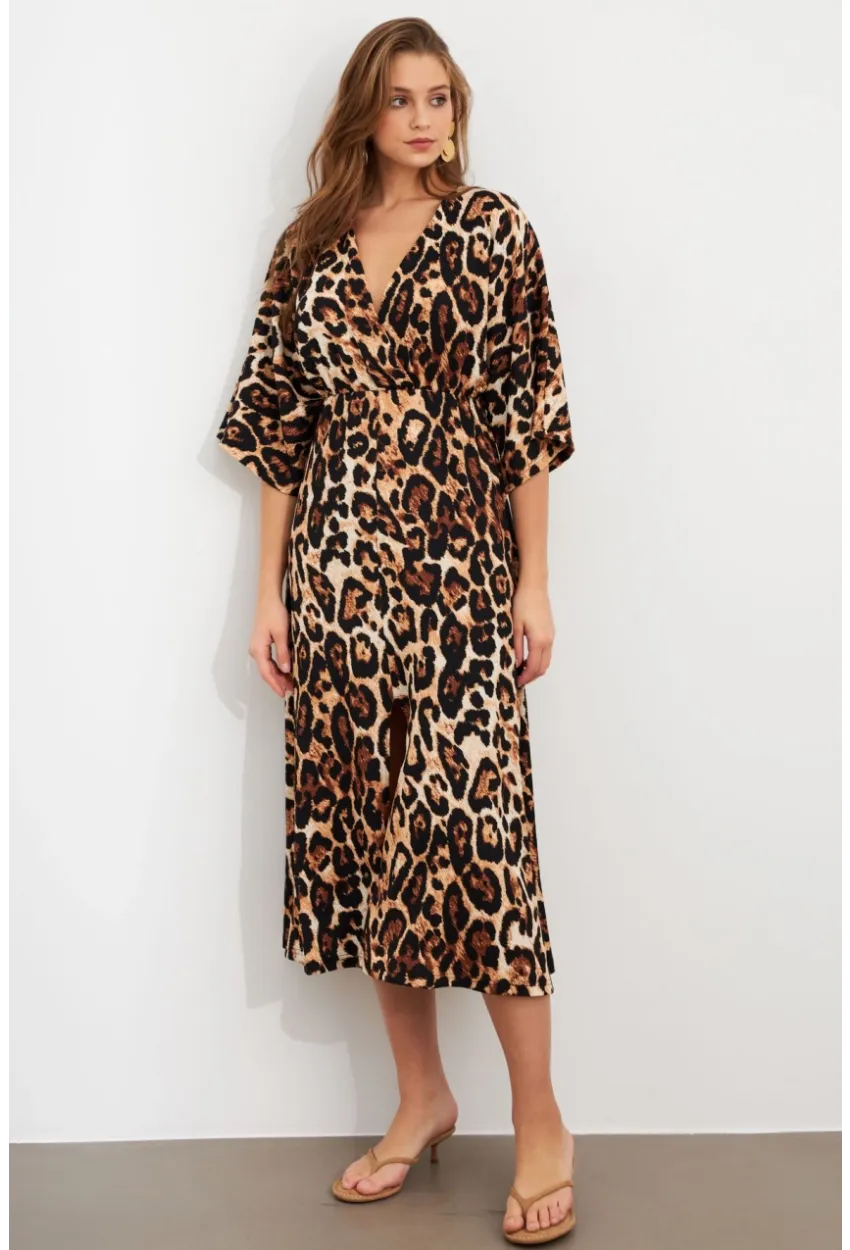 Kadın Camel-Siyah Kruvaze Leopar Midi Elbise KAB306