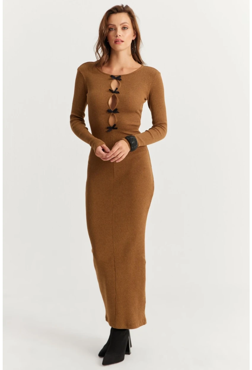 Kadın Camel-Siyah Kurdele Detaylı Kaşkorse Maxi Yılbaşı Elbise XL2043