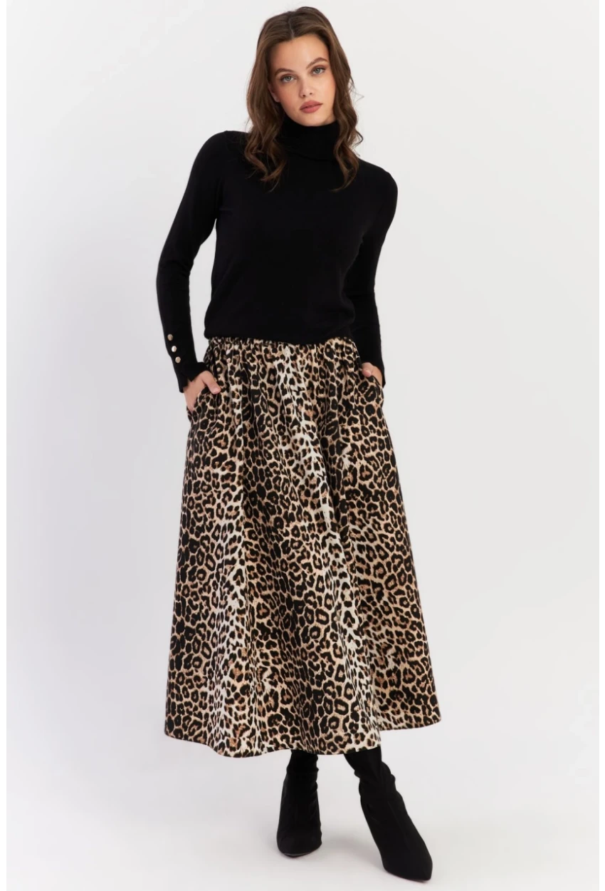 Kadın Camel-Siyah Leopar Çan Etek ELA3951