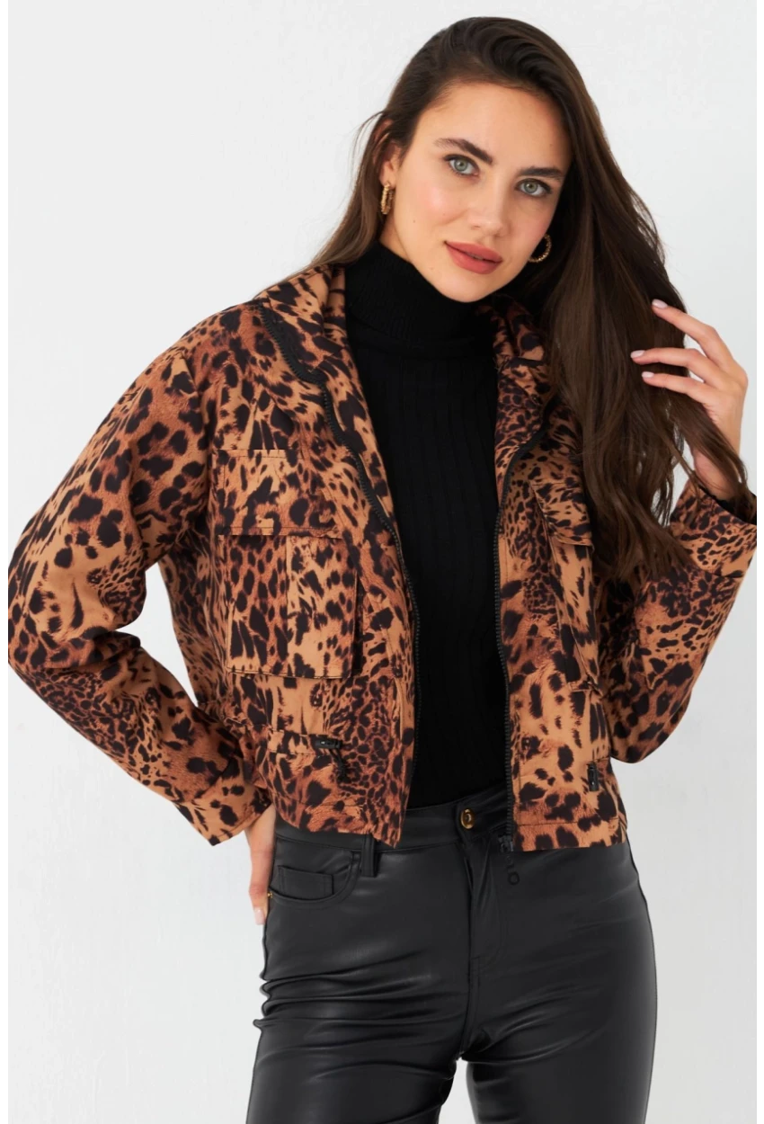 Kadın Camel-Siyah Leopar Crop Ceket ELT1001
